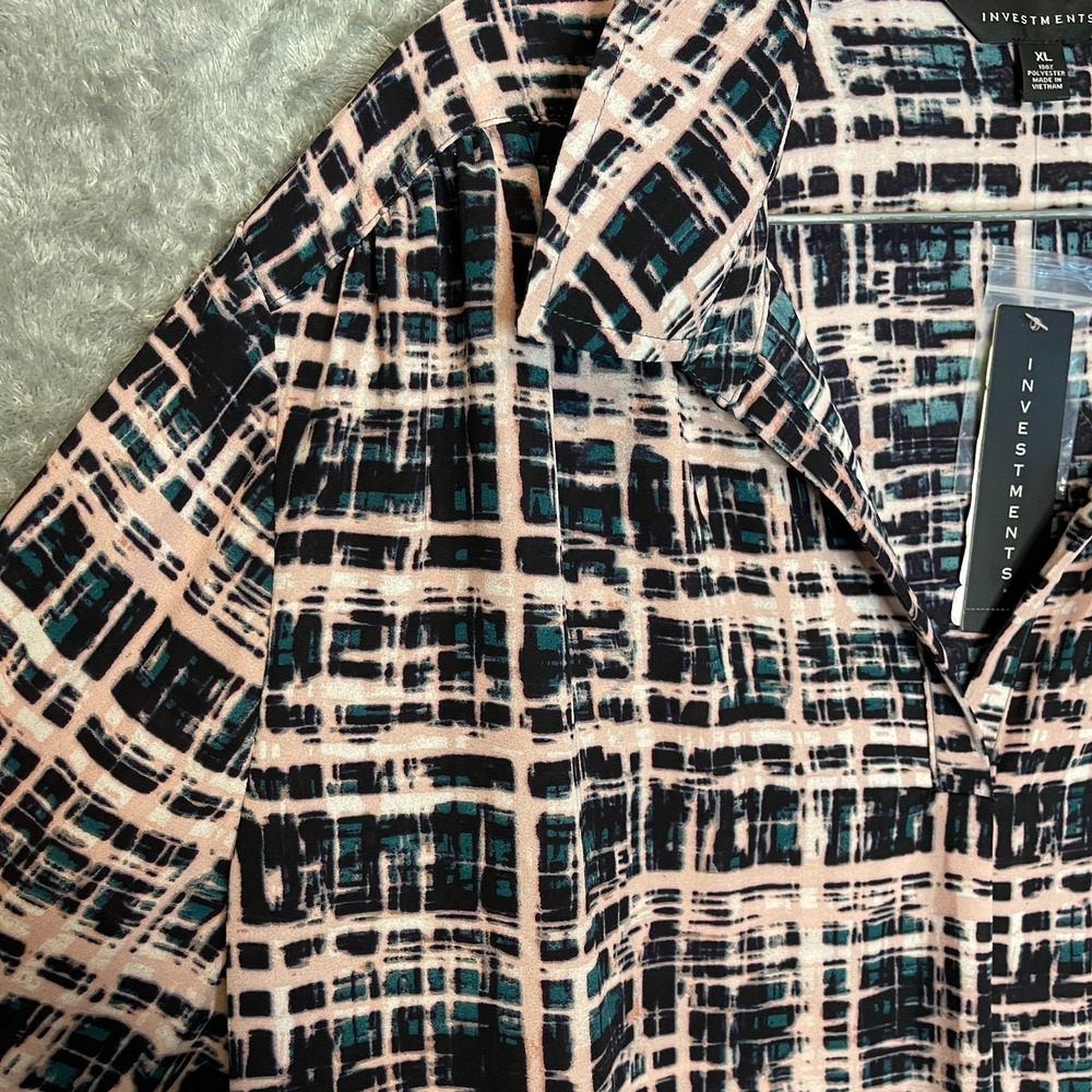 Investments Women Office Classic Plaid Pullover Popover Chiffon Tunic Top XL